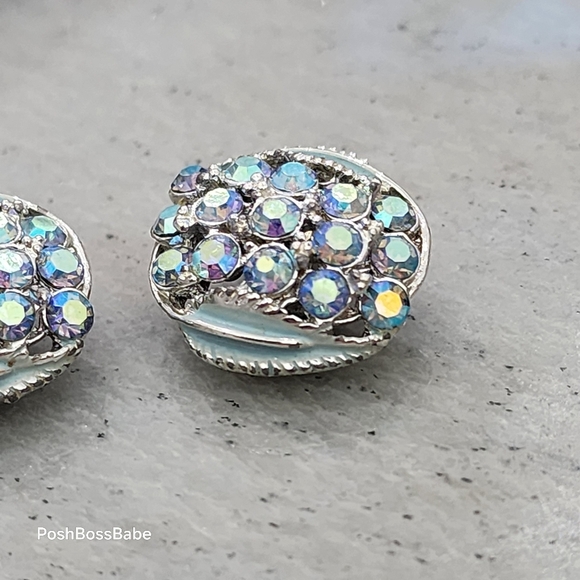 Vintage Aurora Borealis Rhinestone Clip-On Earrings | Silver Tone & Enamel - Picture 8 of 9